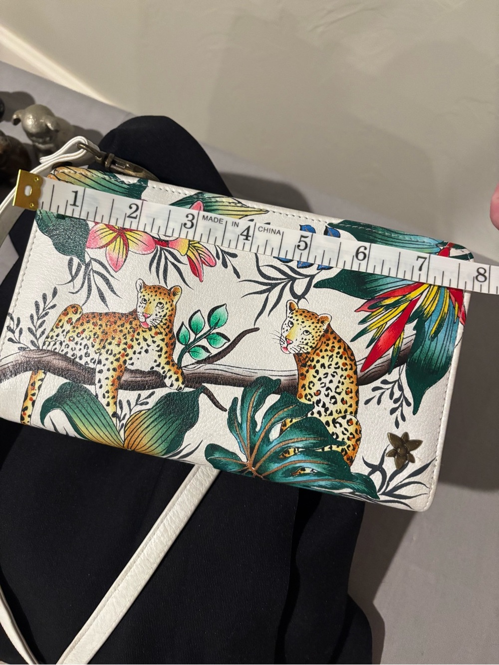 Hand Painted Anuschka White Floral & Leopard Crossbody Bag - Picture 4 of 10